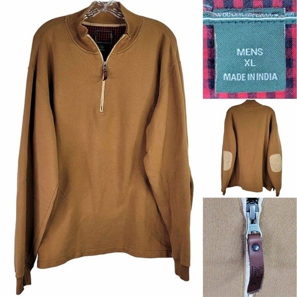 Woolrich Mens Size XL Tan Camel Pullover Sweatshirt Sweater Elbow Patches Lodge - Picture 1 of 11